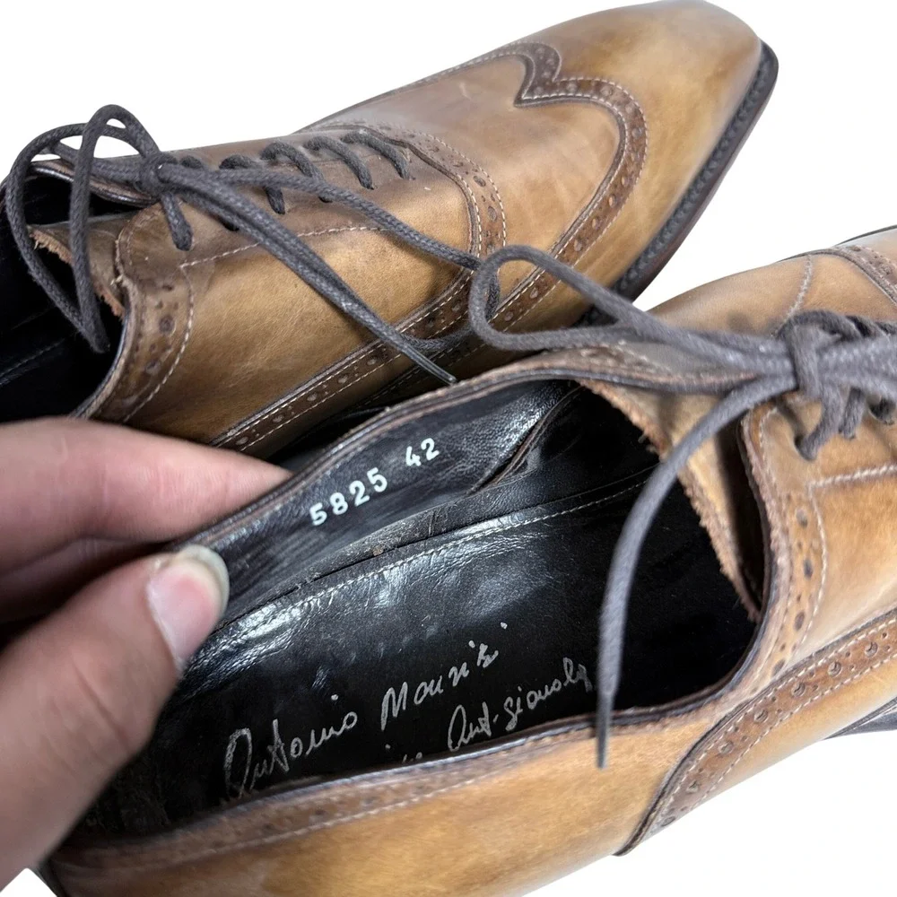 Antonio Maurizi Wingtip Oxford Mens 42 Brown Leather Brogue Chisel Toe Italy